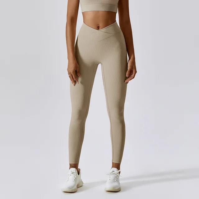Threaded European And American Tight Yoga Pants For Outer Wear Flaxen - Shop at LoveMi