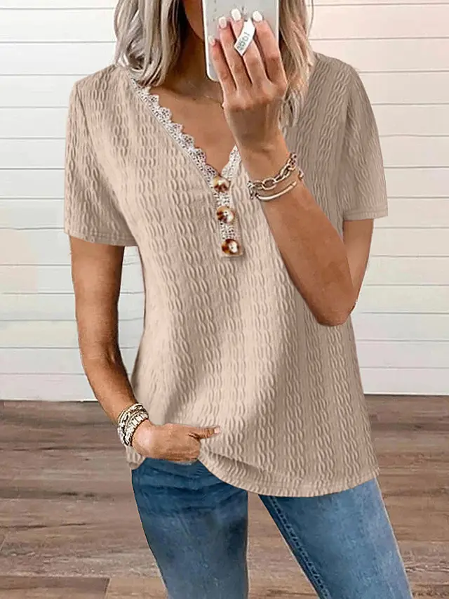 Loose V neck Casual Lace Button Short Sleeve T shirt Top Khaki - Shop at LoveMi