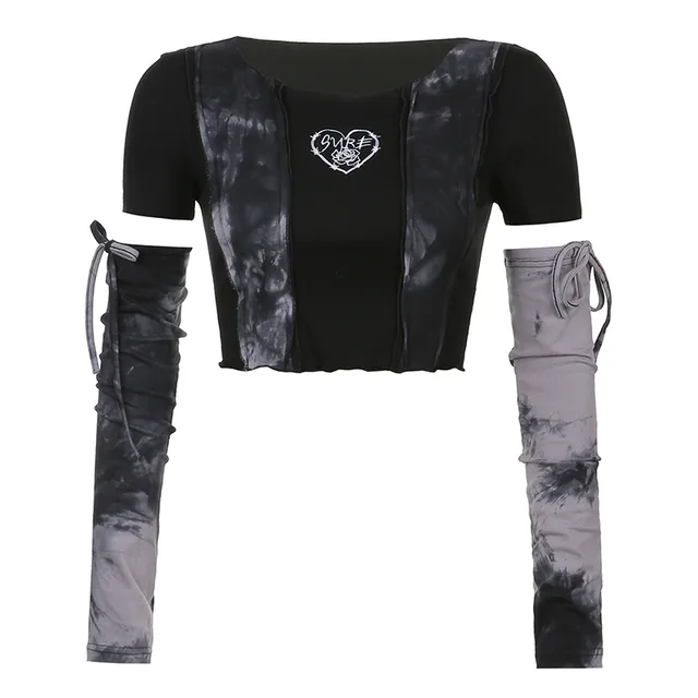 Short Design Sense Tie Dyed Niche Retro Slim Sleeve Top Black - Shop at LoveMi