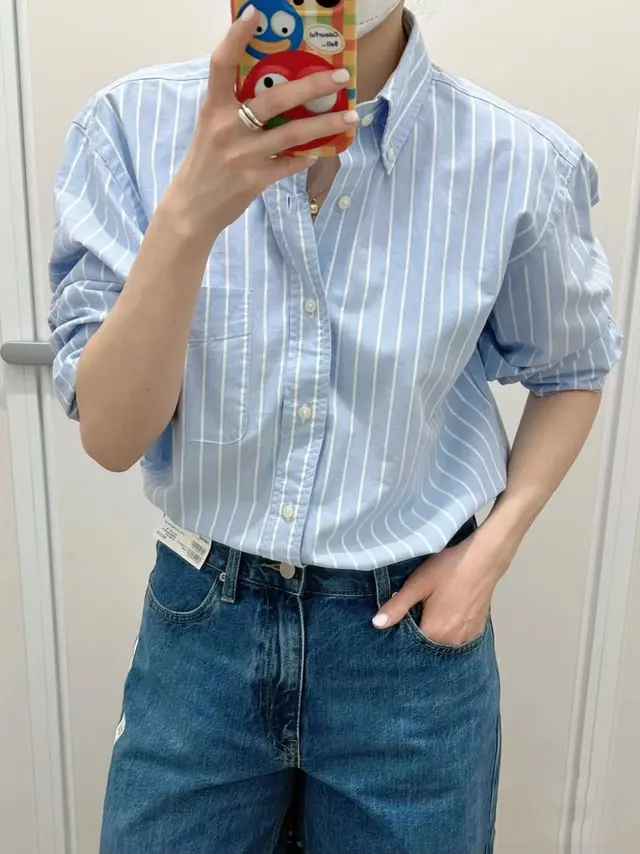 Women's Oxford Striped Shirt Loose Top Sky Blue - Shop at LoveMi