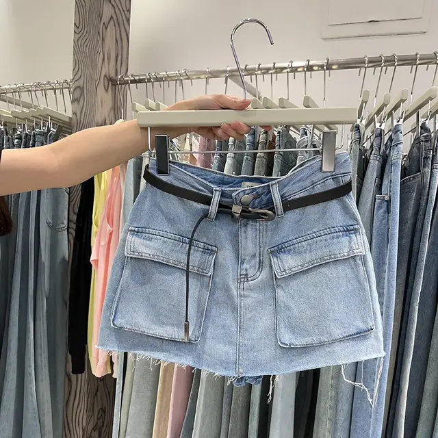 A line Short Denim Skirt Pants Light Blue - Shop at LoveMi