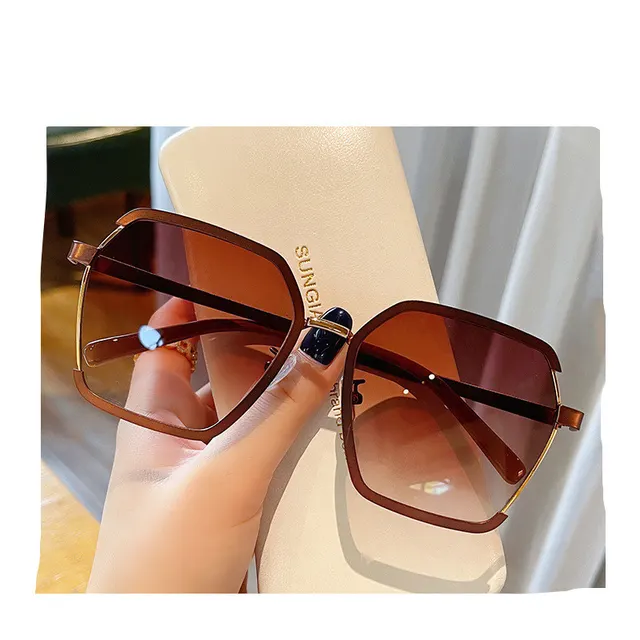 Ins Vintage Half Frame Sunglasses Summer Oversize Metal Square Eyewear Uv400 Outdoor Sunscreen Women UV Protection Sunglasses Coffee Color Gradie... Coffee Color Gradient Tea - Shop at LoveMi