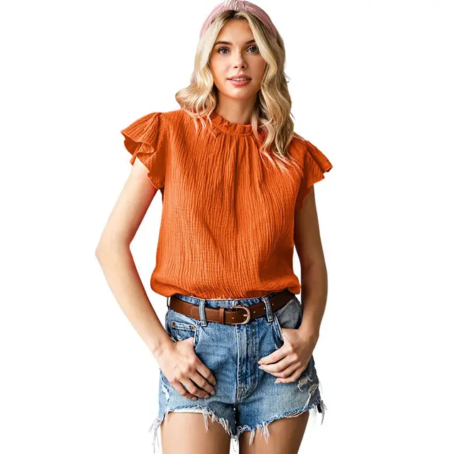 Rose Sleeved Round Neck Women's Top Shirt Orange - Shop at LoveMi
