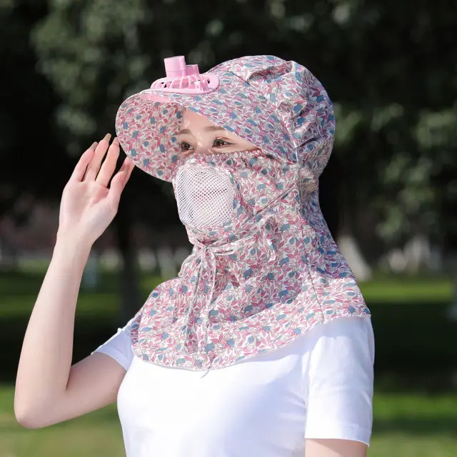 Women's Summer And Korean Version Large Brim Sunshade Hat Outdoor Pink Leaves With Fan - Shop at LoveMi