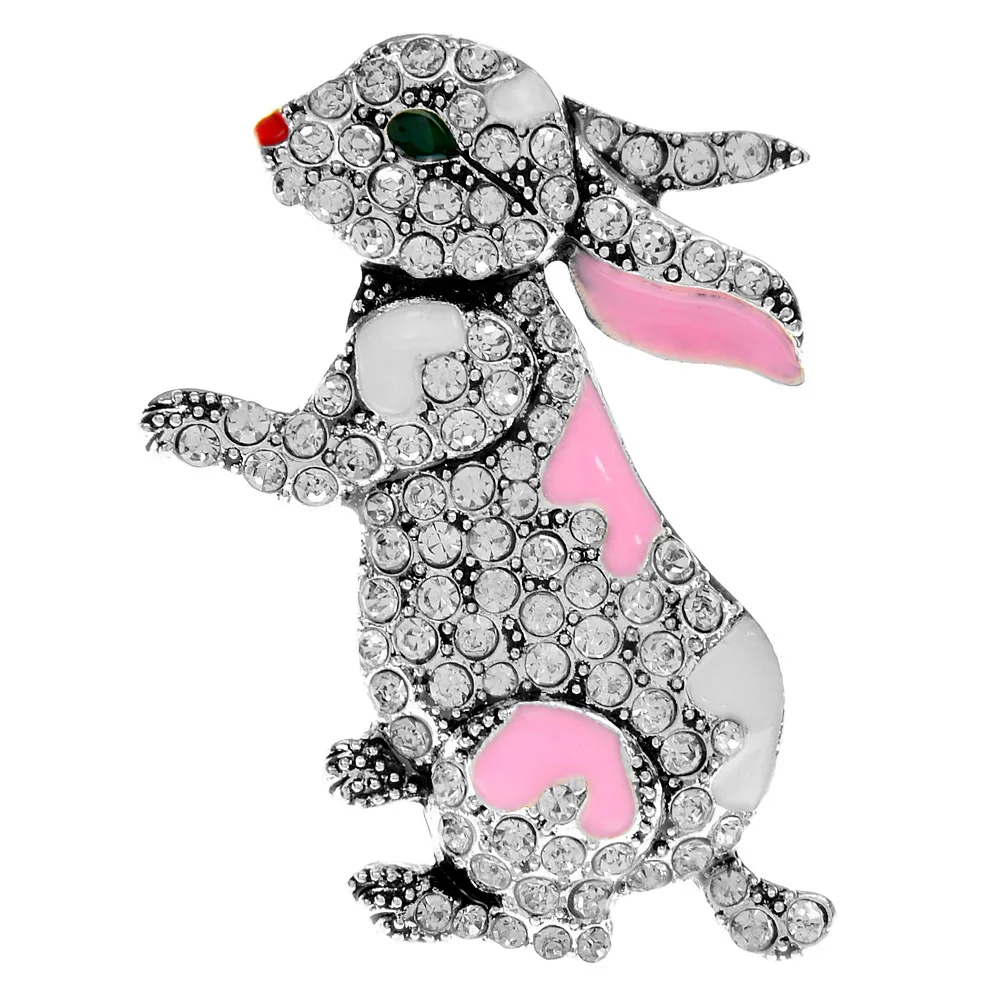 Diamond Rabbit Brooch Enamel Cute Cartoon Pin Small Animal Clothing Zodiac Design Corsage Niche - Silver