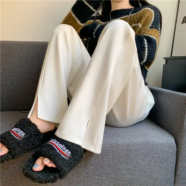 Women's Slim Side Split Loose Wide Leg Pants White - Shop at LoveMi