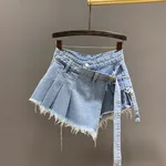 Irregular Denim Culottes Women's High Waist Fake Two Pieces - Light Blue