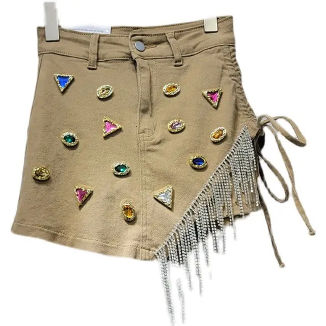 Women's Fashion Heavy Irregular A line Denim Short Skirt Khaki - Shop at LoveMi