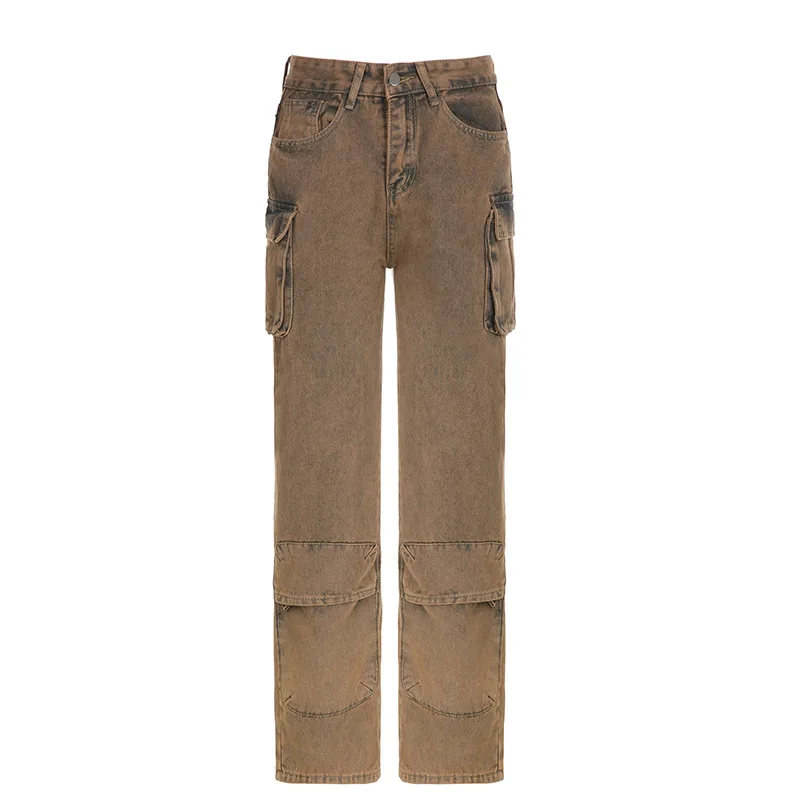 Women's Tie Dyed High Waist Zipper Straight Panel Multi Pocket Jeans Brown - Shop at LoveMi