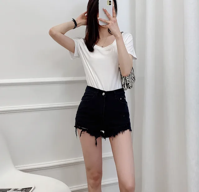 Fashion High Waist Ragged Denim Shorts Black - Shop at LoveMi