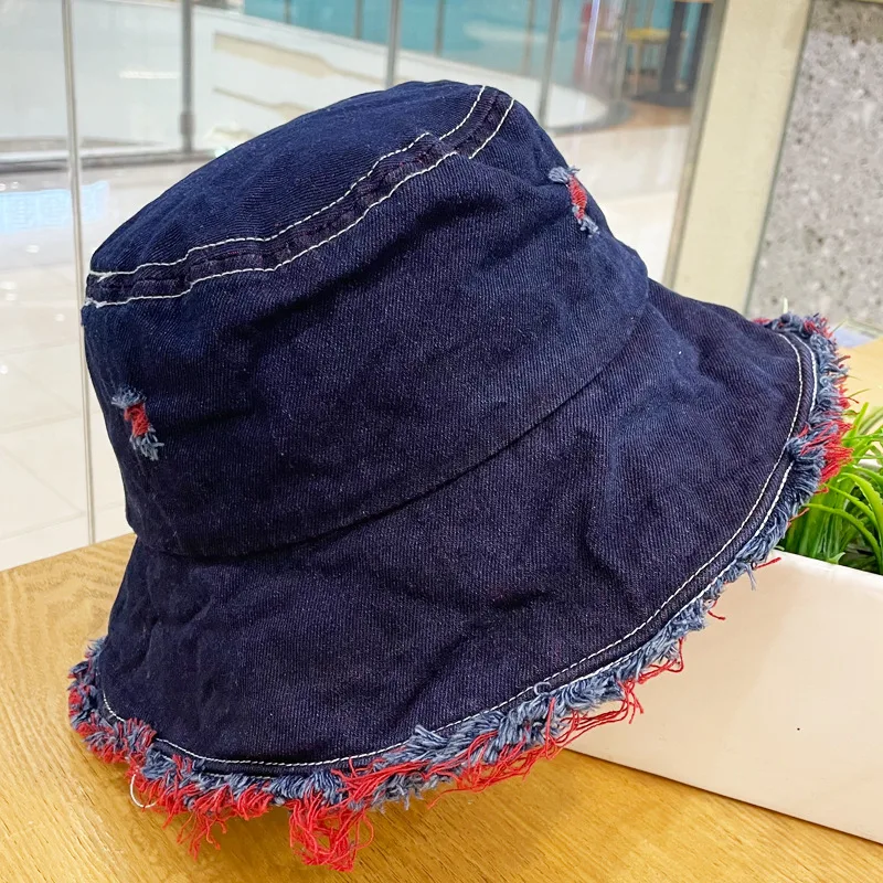 Made Of Old Rough Edge Denim Fisherman Hat Women's Sun Protection Retro - Red