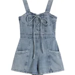 Women's High Waisted And Slim Suspender Denim Suspender Pants - Blue