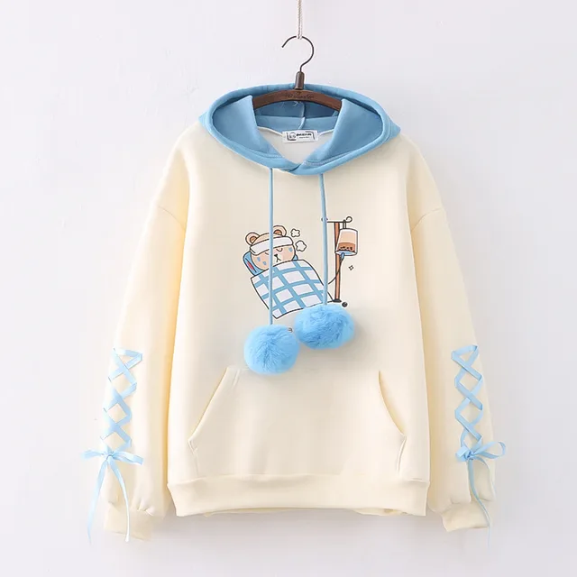 Women's Cartoon Printed Color Matching Fleece Thickened Sweater Blue - Shop at LoveMi