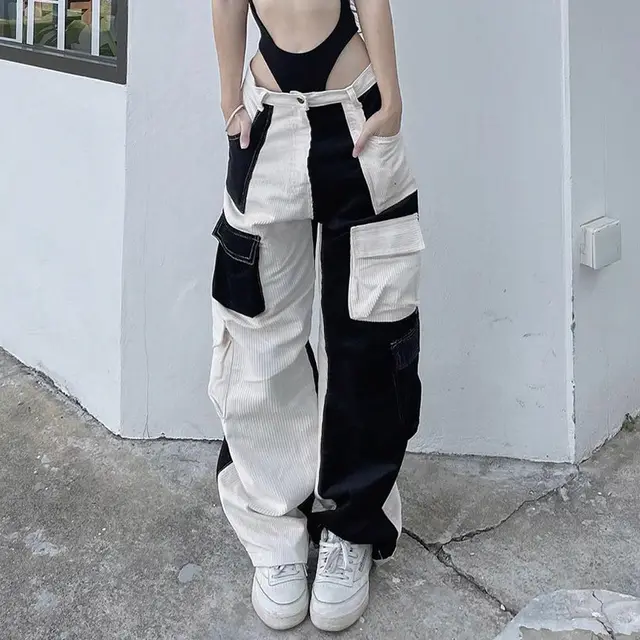 Street Shot Fashionable Color Contrast Multi Pocket Cargo Pants Black And White - Shop at LoveMi
