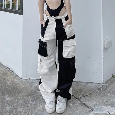 Street Shot Fashionable Color Contrast Multi Pocket Cargo Pants White - Shop at LoveMi