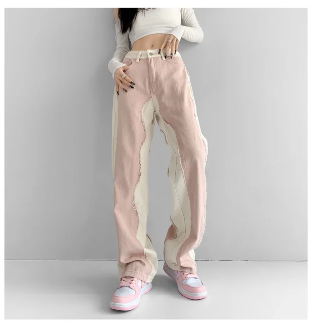 Straight Denim Women's High Waist Pink Stitching Lengthened - Shop at LoveMi