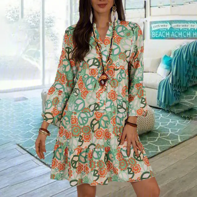 Printed V neck Button Pleated Dress Green - Shop at LoveMi