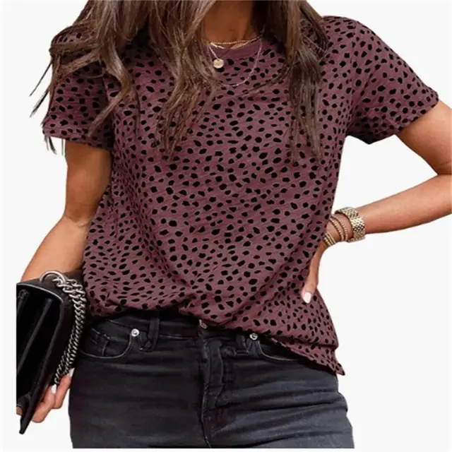 Leopard Dot Short Sleeved Round Neck Pullover Loose And Casual Oxblood Red - Shop at LoveMi