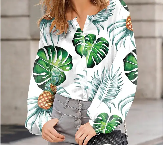 Bubble Sleeved Lapel Loose Fitting Women's Shirt Flower5 - Shop at LoveMi