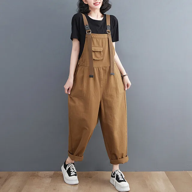 Large Size Loose Comfortable Fashion Patch Pocket Jumpsuit Khaki - Shop at LoveMi