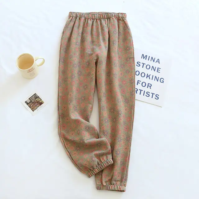 Retro Yarn dyed Jacquard Women's Pure Cotton Pajama Pants Green Chrysanthemum - Shop at LoveMi