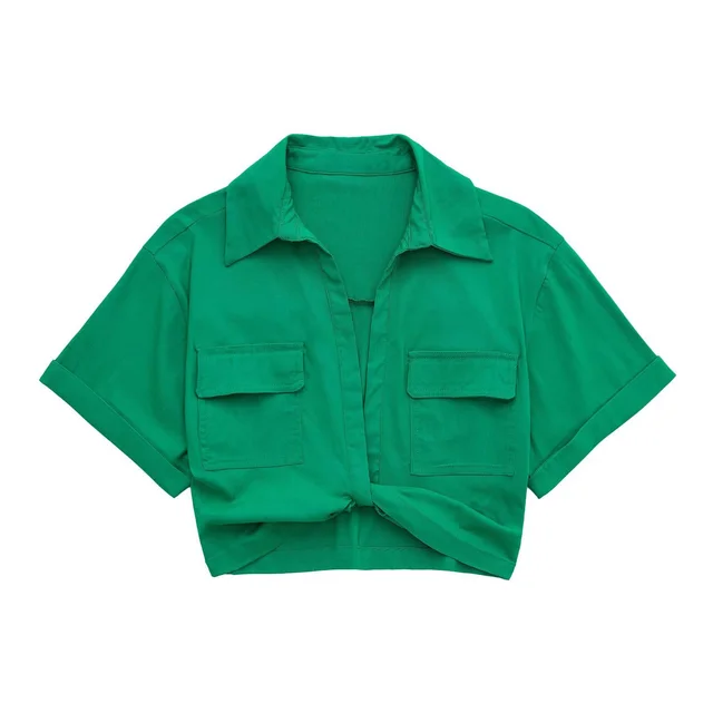 Solid Color Versatile Knot Embellishment Double Pocket Short Sleeved Shirt Green - Shop at LoveMi