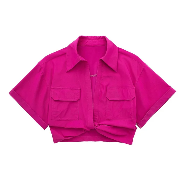 Solid Color Versatile Knot Embellishment Double Pocket Short Sleeved Shirt Rose Red - Shop at LoveMi