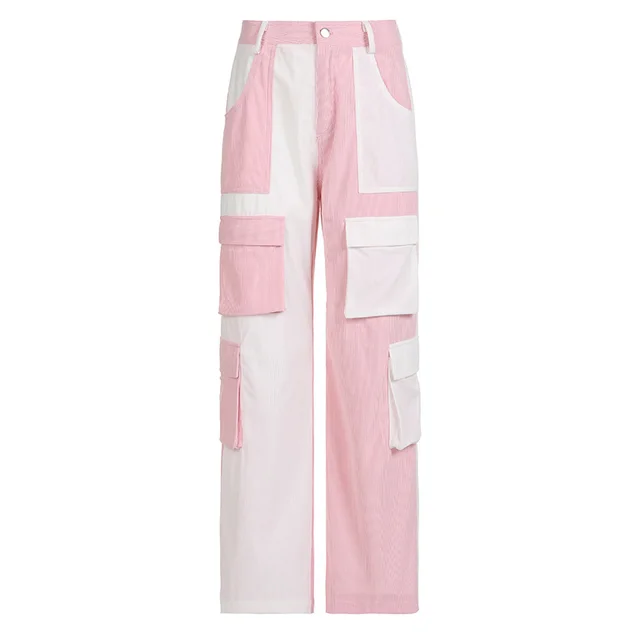 Multi Pocket Contrast Stitching Elements Low Waisted Corduroy Pants Pink - Shop at LoveMi