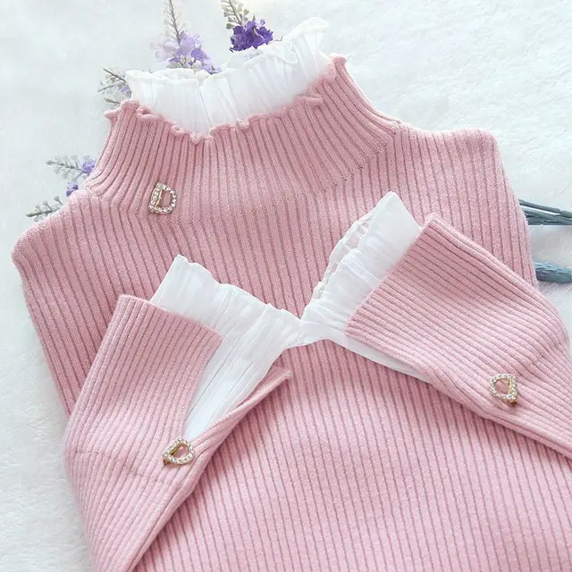 Half High Collar Bottom Sweater With Wooden Ear Edge Top For Women Pink - Shop at LoveMi