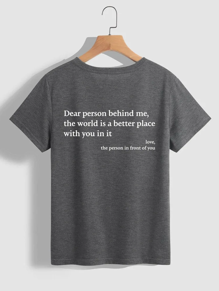 New Fashion Womens Letter T-Shirt Round Neck Short Sleeve Slogan Tee Top - Dark Grey