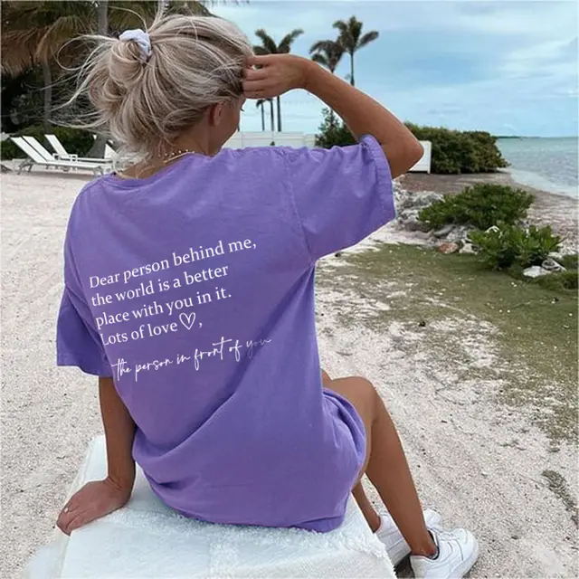 Round Neck Slogan Printed Short Sleeved T shirt Purple - Shop at LoveMi