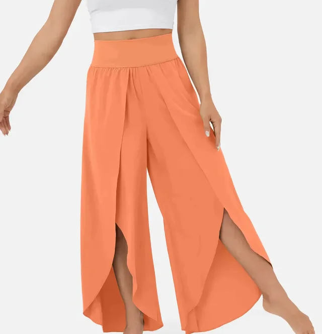 Loose Split Yoga Pants Summer Elastic High Waist Wide Leg Trousers Women's Fashion Versatile Clothing Orange - Shop at LoveMi