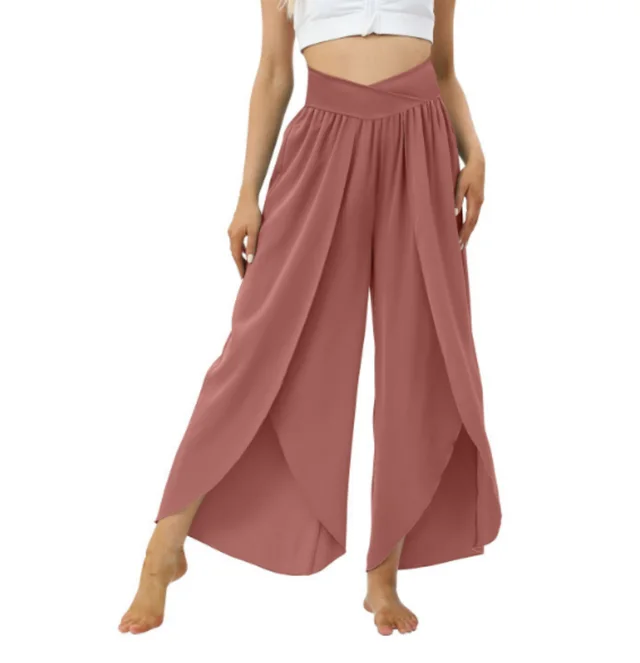 Loose Split Yoga Pants Summer Elastic High Waist Wide Leg Trousers Women's Fashion Versatile Clothing Rouge - Shop at LoveMi