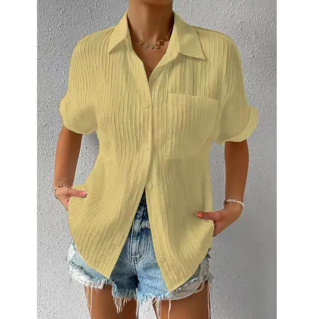 Women's Pure Color Comfort Casual Polo Collar Pocket Short Sleeve Shirt Yellow - Shop at LoveMi