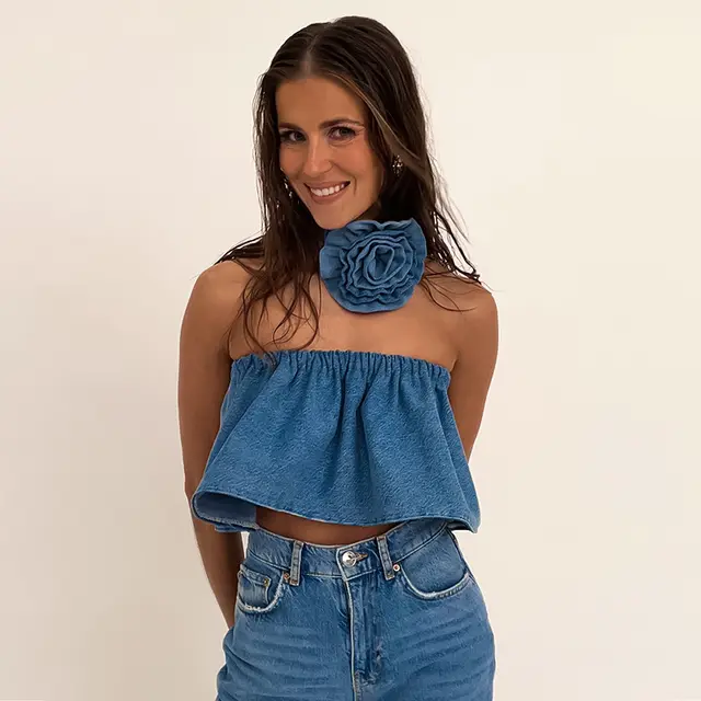 Denim Flower Collar Top With A Bra For Women Blue - Shop at LoveMi