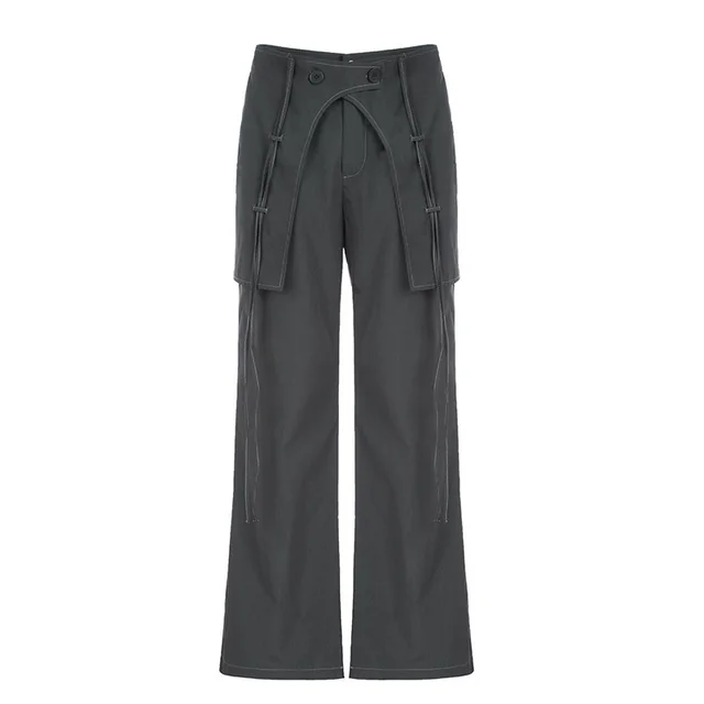 Women's High Waist Design Crossover Ribbon Trousers Grey - Shop at LoveMi