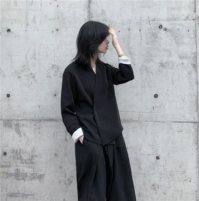 Suit Casual Coat V neck Long Sleeves Black - Shop at LoveMi