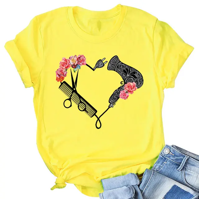 Fashion Hair Dryer Print Street Hipster Loose Ladies Top Yellow - Shop at LoveMi