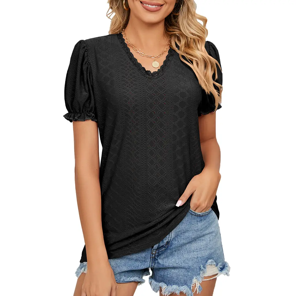 Solid Colour Lace Patchwork Princess Sleeve Hollow Top - Black