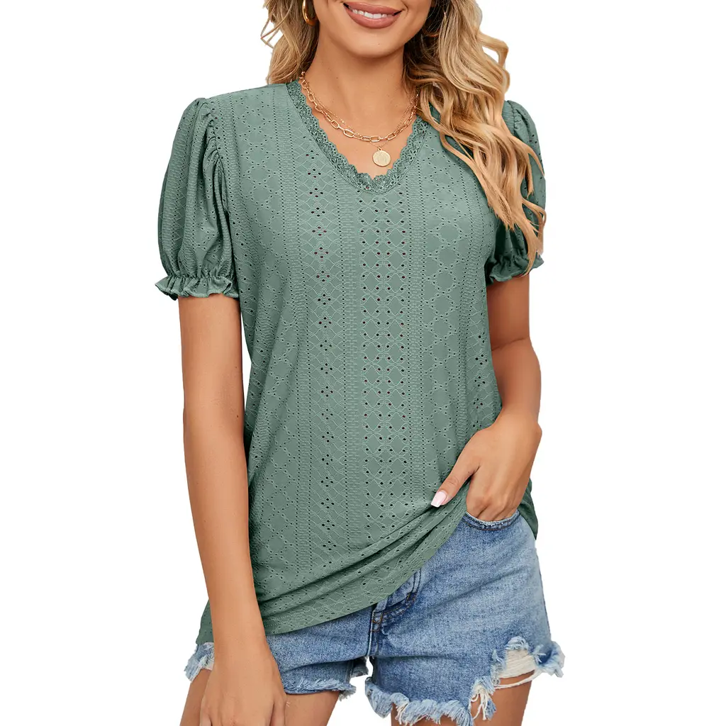 Solid Color Lace Patchwork Princess Sleeve Hollow Top - Dark Green