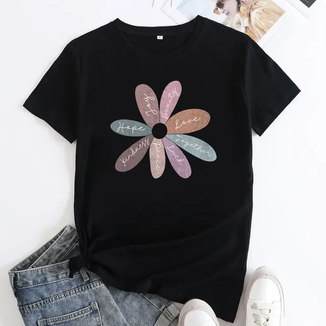 Flower Letter Fashion Round Neck Short Sleeve Black - Shop at LoveMi