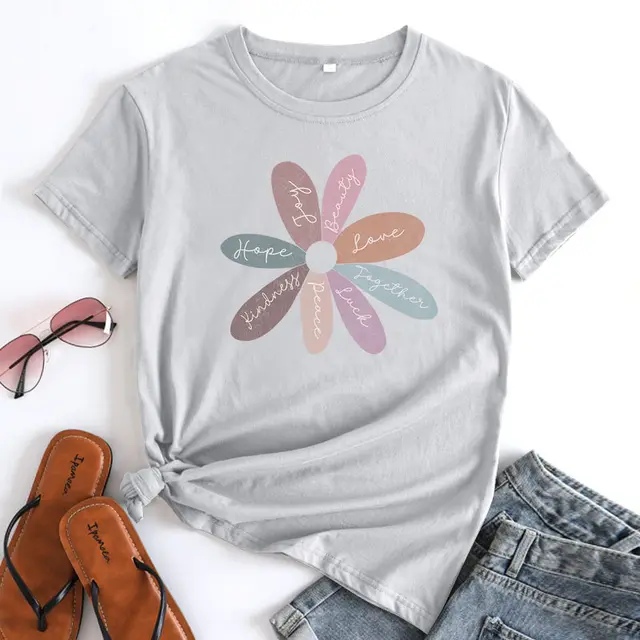 Flower Letter Fashion Round Neck Short Sleeve Light Grey - Shop at LoveMi