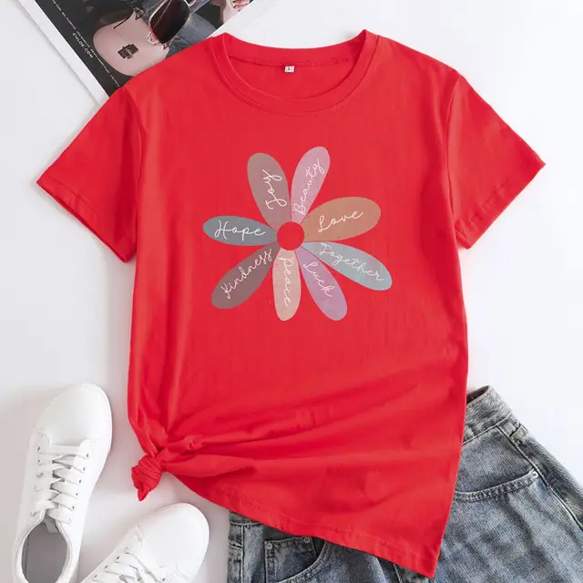 Flower Letter Fashion Round Neck Short Sleeve Red - Shop at LoveMi