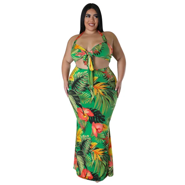Printed Conservative Neck Tie Up Dress Set Green - Shop at LoveMi