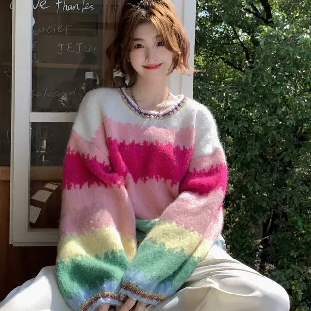 Large Contrast Rainbow Stripe Pullover Sweater For Women Loose And Versatile Rainbow Bar - Shop at LoveMi