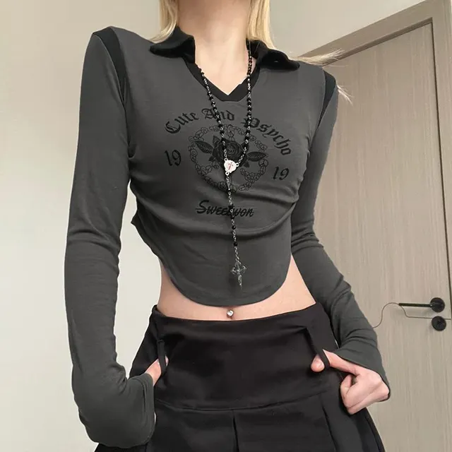 Long Sleeved T shirt Women's Patchwork Lapel Short Top Grey - Shop at LoveMi