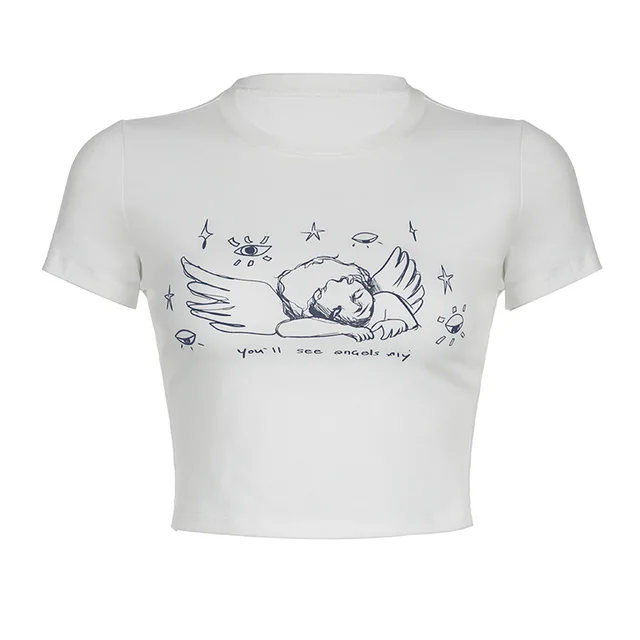 New Cute Angel Printed Short Sleeved T shirt For Women White - Shop at LoveMi