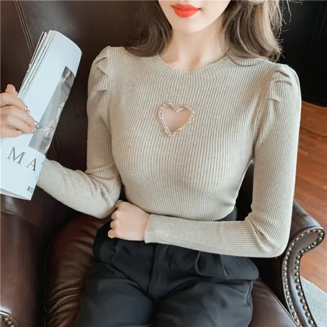 New Hollow Heart Beaded Knitted Bottom Shirt For Women Apricot - Shop at LoveMi