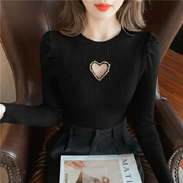 New Hollow Heart Beaded Knitted Bottom Shirt For Women Black - Shop at LoveMi