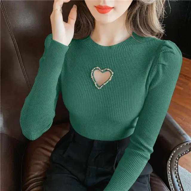 New Hollow Heart Beaded Knitted Bottom Shirt For Women Green - Shop at LoveMi